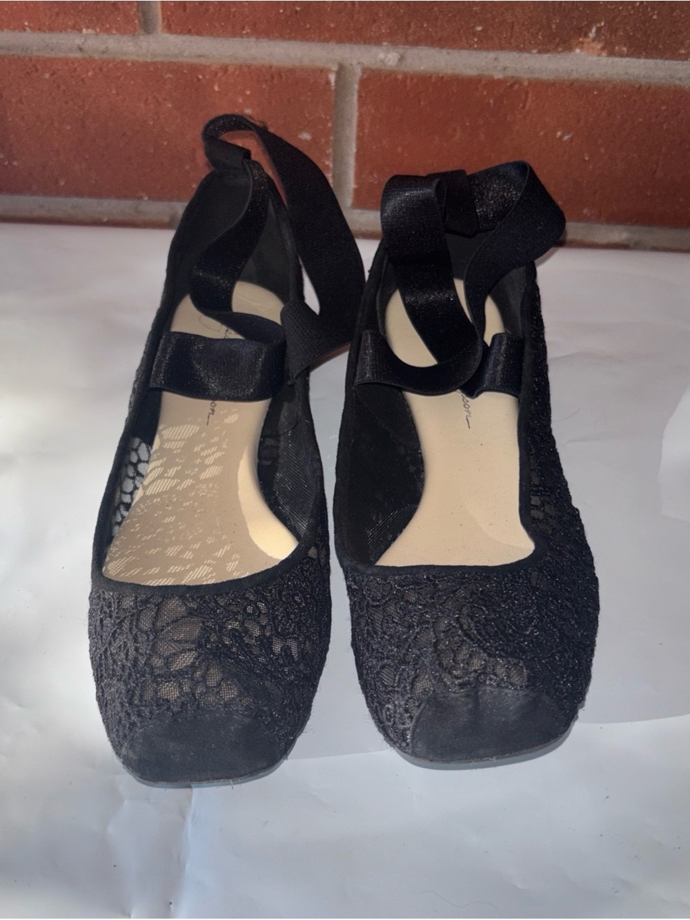 Jessica Simpson Black Lace Ballet Flats with Ankle Ribbon